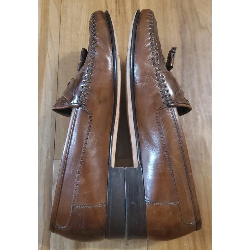JOHNSTON MURPHY Dress Shoes Brown Woven Leather Italian Tassel Loafers Size 9M‎